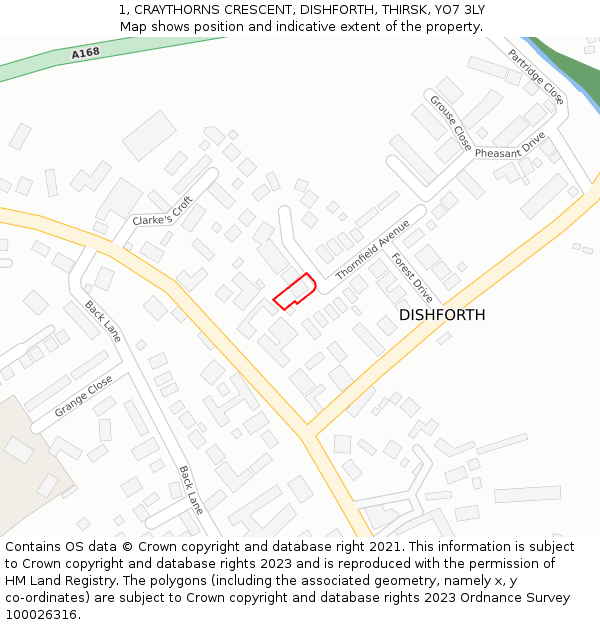 1, CRAYTHORNS CRESCENT, DISHFORTH, THIRSK, YO7 3LY: Location map and indicative extent of plot