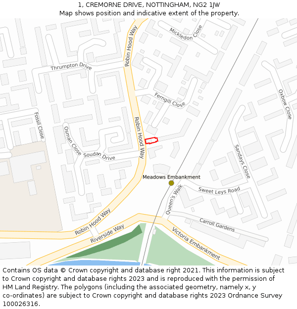 1, CREMORNE DRIVE, NOTTINGHAM, NG2 1JW: Location map and indicative extent of plot