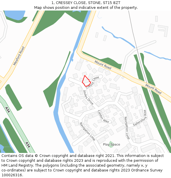1, CRESSEY CLOSE, STONE, ST15 8ZT: Location map and indicative extent of plot