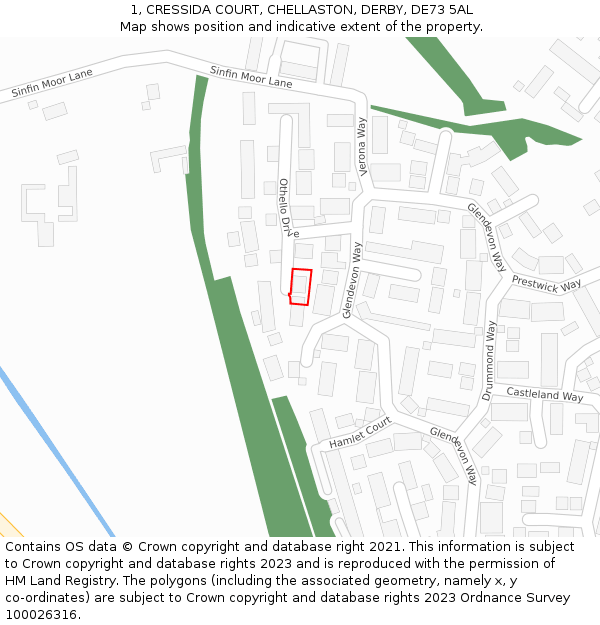 1, CRESSIDA COURT, CHELLASTON, DERBY, DE73 5AL: Location map and indicative extent of plot