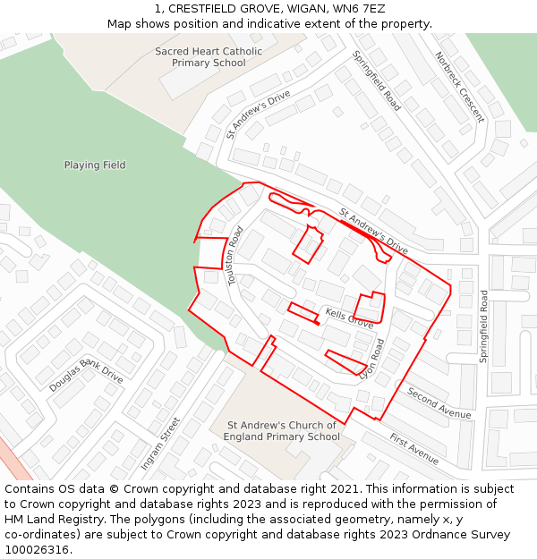 1, CRESTFIELD GROVE, WIGAN, WN6 7EZ: Location map and indicative extent of plot