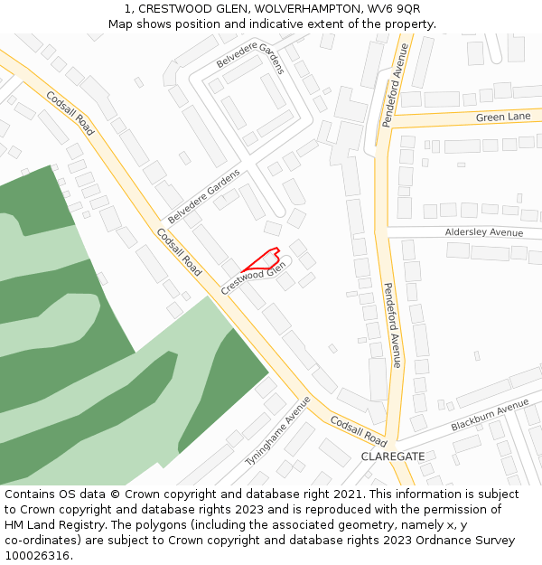 1, CRESTWOOD GLEN, WOLVERHAMPTON, WV6 9QR: Location map and indicative extent of plot