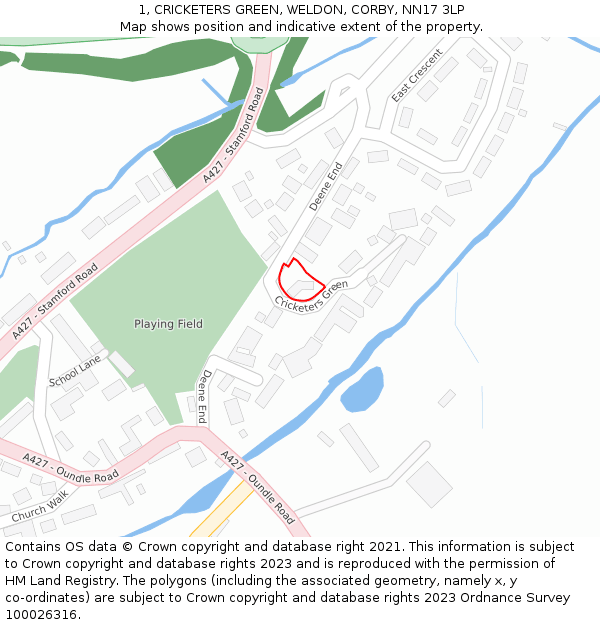 1, CRICKETERS GREEN, WELDON, CORBY, NN17 3LP: Location map and indicative extent of plot