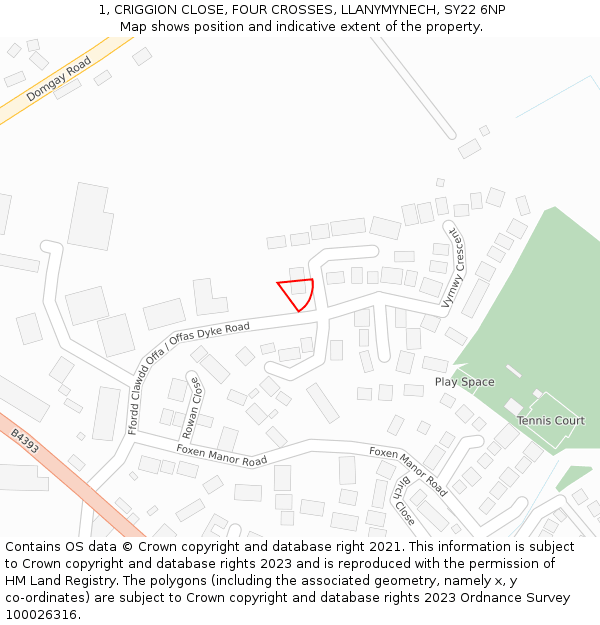 1, CRIGGION CLOSE, FOUR CROSSES, LLANYMYNECH, SY22 6NP: Location map and indicative extent of plot