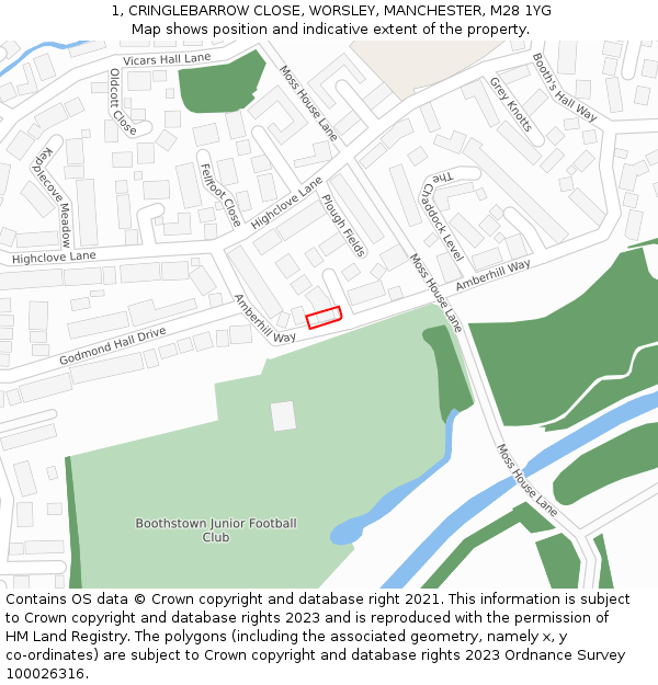 1, CRINGLEBARROW CLOSE, WORSLEY, MANCHESTER, M28 1YG: Location map and indicative extent of plot