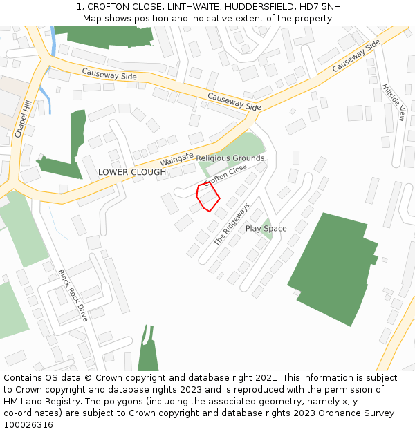 1, CROFTON CLOSE, LINTHWAITE, HUDDERSFIELD, HD7 5NH: Location map and indicative extent of plot