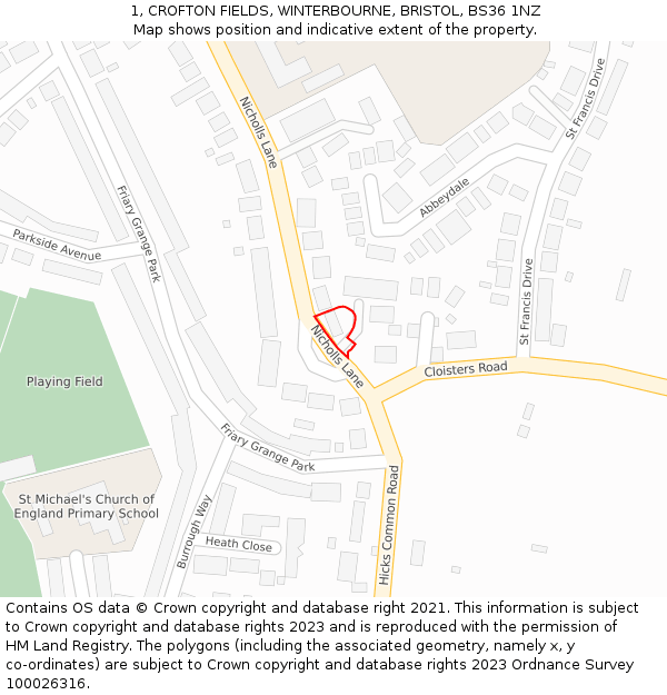 1, CROFTON FIELDS, WINTERBOURNE, BRISTOL, BS36 1NZ: Location map and indicative extent of plot