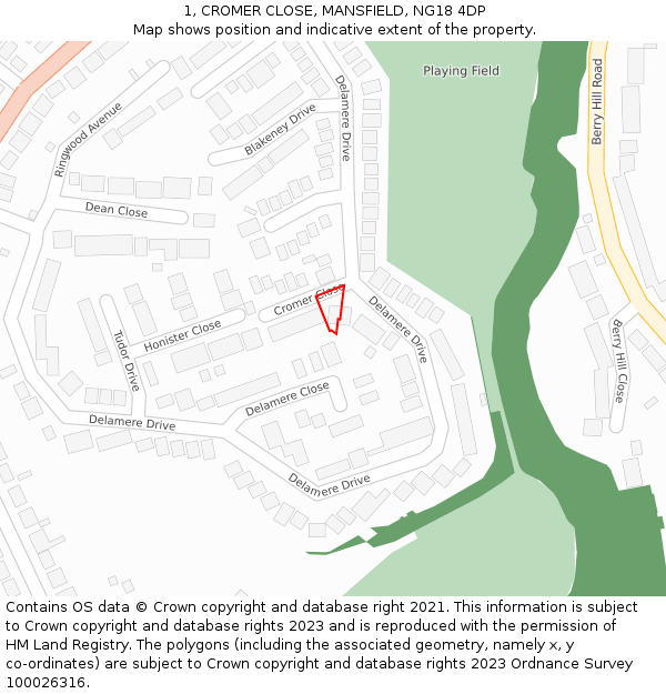 1, CROMER CLOSE, MANSFIELD, NG18 4DP: Location map and indicative extent of plot