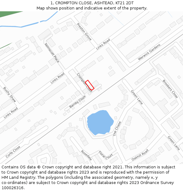 1, CROMPTON CLOSE, ASHTEAD, KT21 2DT: Location map and indicative extent of plot