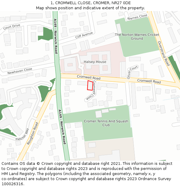 1, CROMWELL CLOSE, CROMER, NR27 0DE: Location map and indicative extent of plot