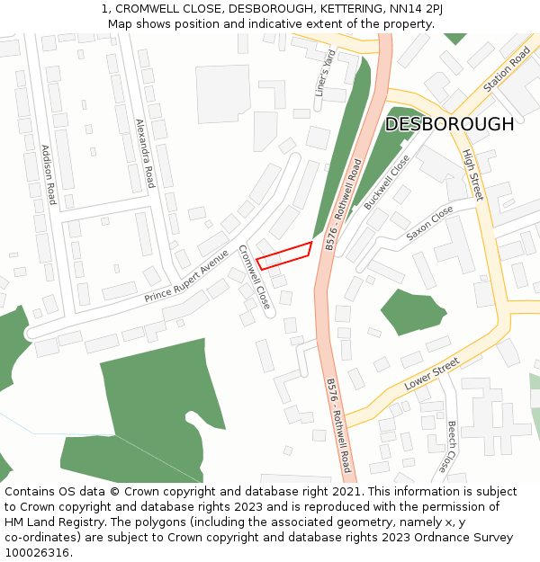 1, CROMWELL CLOSE, DESBOROUGH, KETTERING, NN14 2PJ: Location map and indicative extent of plot