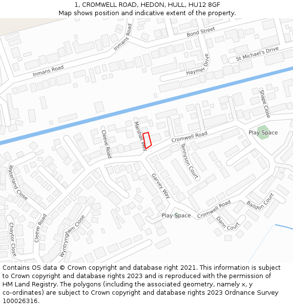 1, CROMWELL ROAD, HEDON, HULL, HU12 8GF: Location map and indicative extent of plot