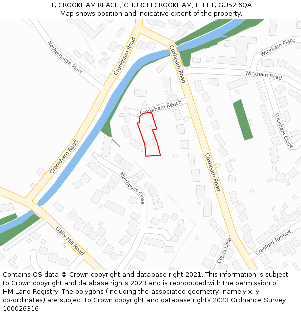 1, CROOKHAM REACH, CHURCH CROOKHAM, FLEET, GU52 6QA: Location map and indicative extent of plot