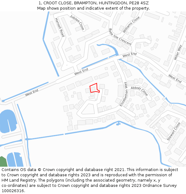 1, CROOT CLOSE, BRAMPTON, HUNTINGDON, PE28 4SZ: Location map and indicative extent of plot
