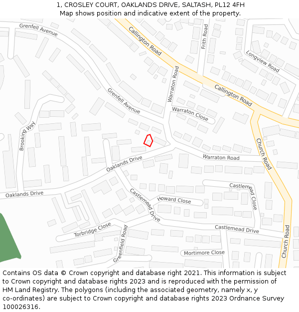 1, CROSLEY COURT, OAKLANDS DRIVE, SALTASH, PL12 4FH: Location map and indicative extent of plot