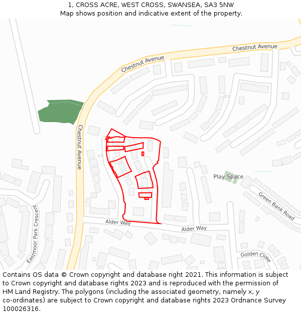 1, CROSS ACRE, WEST CROSS, SWANSEA, SA3 5NW: Location map and indicative extent of plot