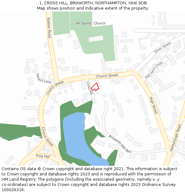 1, CROSS HILL, BRIXWORTH, NORTHAMPTON, NN6 9DB: Location map and indicative extent of plot