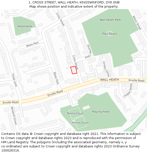 1, CROSS STREET, WALL HEATH, KINGSWINFORD, DY6 0NB: Location map and indicative extent of plot