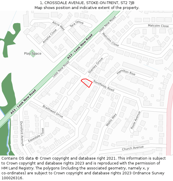 1, CROSSDALE AVENUE, STOKE-ON-TRENT, ST2 7JB: Location map and indicative extent of plot