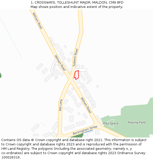 1, CROSSWAYS, TOLLESHUNT MAJOR, MALDON, CM9 8FD: Location map and indicative extent of plot