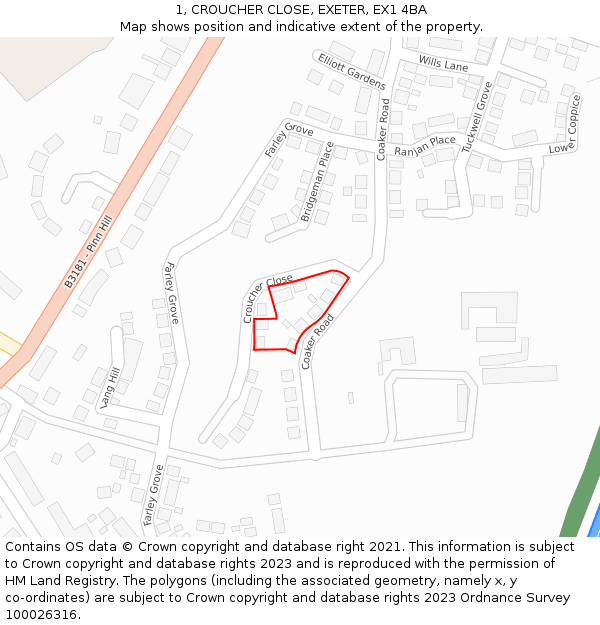 1, CROUCHER CLOSE, EXETER, EX1 4BA: Location map and indicative extent of plot