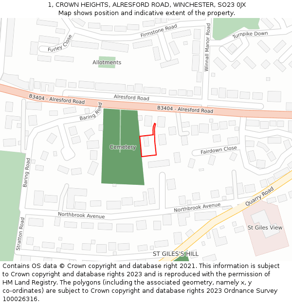 1, CROWN HEIGHTS, ALRESFORD ROAD, WINCHESTER, SO23 0JX: Location map and indicative extent of plot