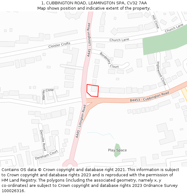 1, CUBBINGTON ROAD, LEAMINGTON SPA, CV32 7AA: Location map and indicative extent of plot