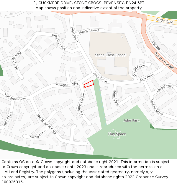 1, CUCKMERE DRIVE, STONE CROSS, PEVENSEY, BN24 5PT: Location map and indicative extent of plot