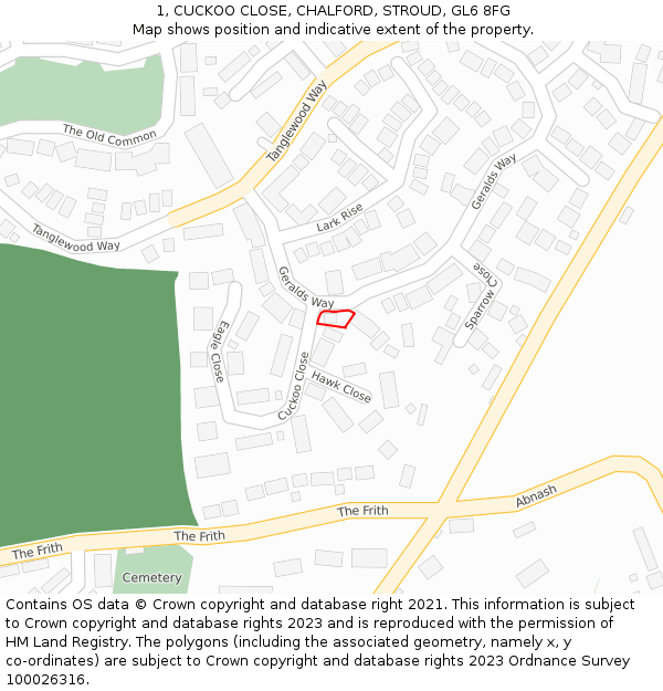 1, CUCKOO CLOSE, CHALFORD, STROUD, GL6 8FG: Location map and indicative extent of plot