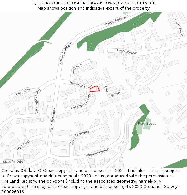 1, CUCKOOFIELD CLOSE, MORGANSTOWN, CARDIFF, CF15 8FR: Location map and indicative extent of plot