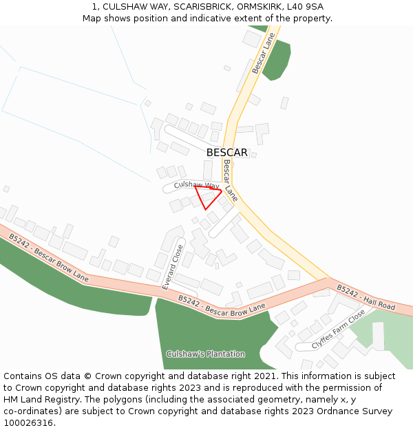 1, CULSHAW WAY, SCARISBRICK, ORMSKIRK, L40 9SA: Location map and indicative extent of plot