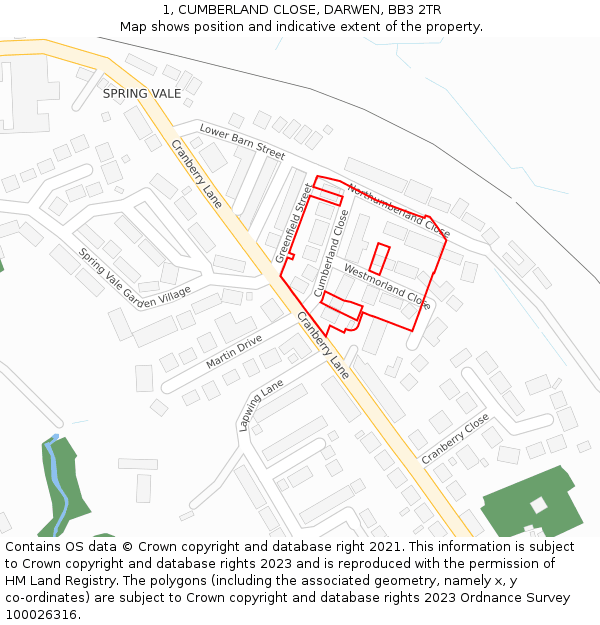 1, CUMBERLAND CLOSE, DARWEN, BB3 2TR: Location map and indicative extent of plot