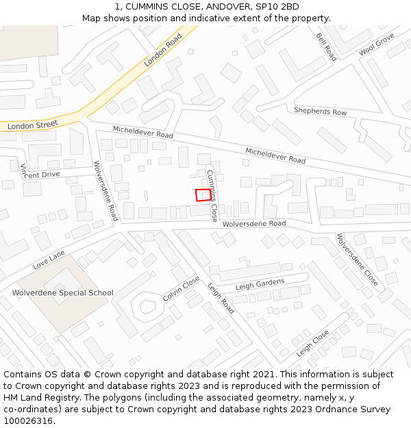 1, CUMMINS CLOSE, ANDOVER, SP10 2BD: Location map and indicative extent of plot