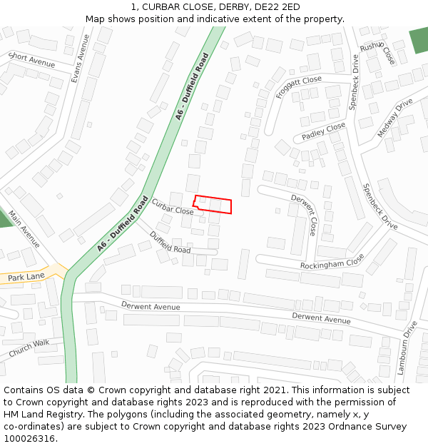 1, CURBAR CLOSE, DERBY, DE22 2ED: Location map and indicative extent of plot