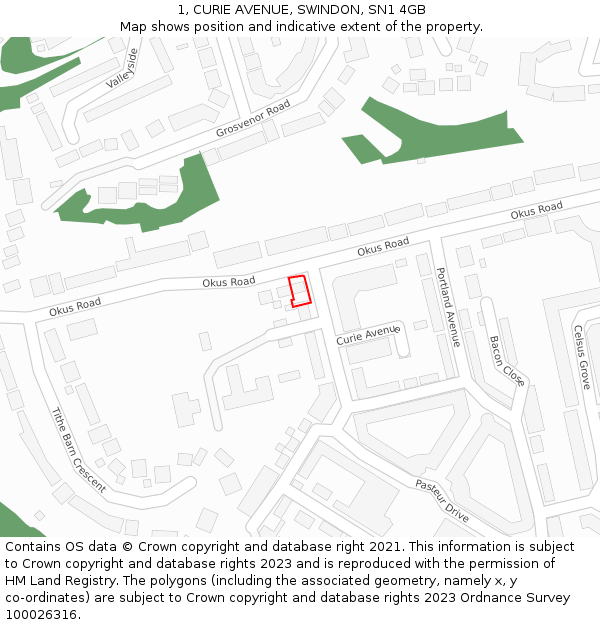 1, CURIE AVENUE, SWINDON, SN1 4GB: Location map and indicative extent of plot