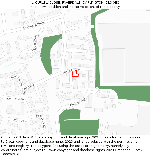 1, CURLEW CLOSE, FAVERDALE, DARLINGTON, DL3 0EQ: Location map and indicative extent of plot