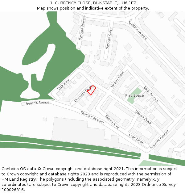 1, CURRENCY CLOSE, DUNSTABLE, LU6 1FZ: Location map and indicative extent of plot