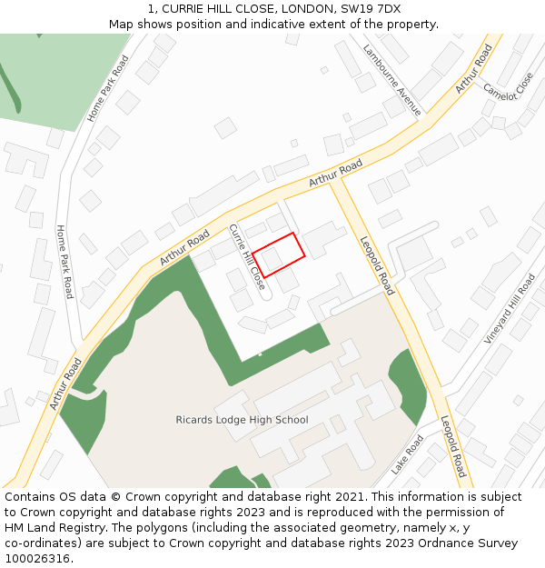 1, CURRIE HILL CLOSE, LONDON, SW19 7DX: Location map and indicative extent of plot