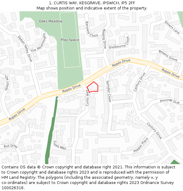 1, CURTIS WAY, KESGRAVE, IPSWICH, IP5 2FF: Location map and indicative extent of plot
