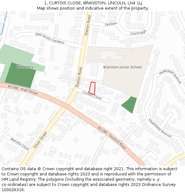 1, CURTOIS CLOSE, BRANSTON, LINCOLN, LN4 1LJ: Location map and indicative extent of plot