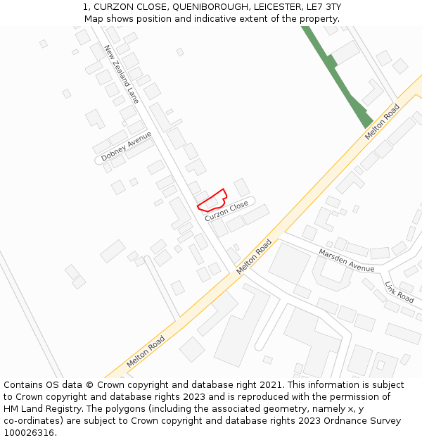 1, CURZON CLOSE, QUENIBOROUGH, LEICESTER, LE7 3TY: Location map and indicative extent of plot