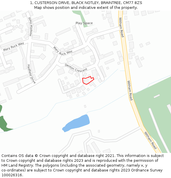 1, CUSTERSON DRIVE, BLACK NOTLEY, BRAINTREE, CM77 8ZS: Location map and indicative extent of plot