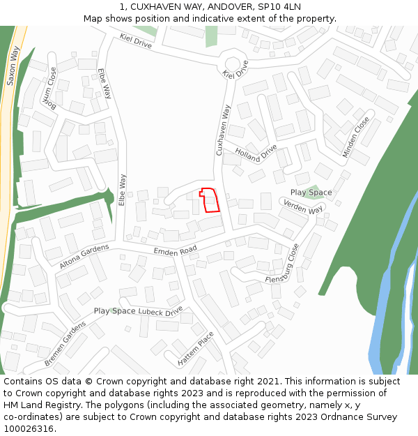 1, CUXHAVEN WAY, ANDOVER, SP10 4LN: Location map and indicative extent of plot