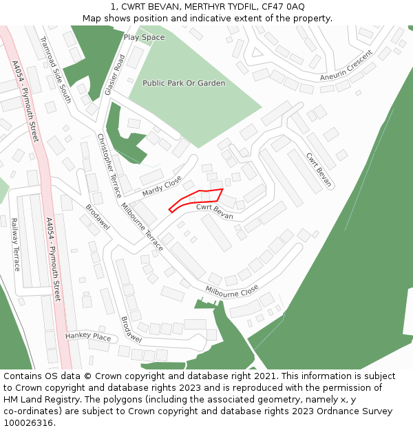1, CWRT BEVAN, MERTHYR TYDFIL, CF47 0AQ: Location map and indicative extent of plot