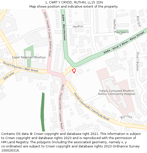 1, CWRT Y CRYDD, RUTHIN, LL15 1DN: Location map and indicative extent of plot