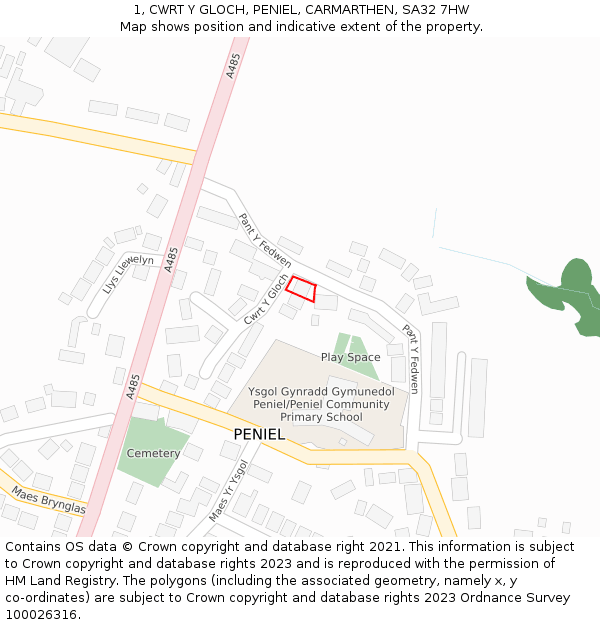 1, CWRT Y GLOCH, PENIEL, CARMARTHEN, SA32 7HW: Location map and indicative extent of plot