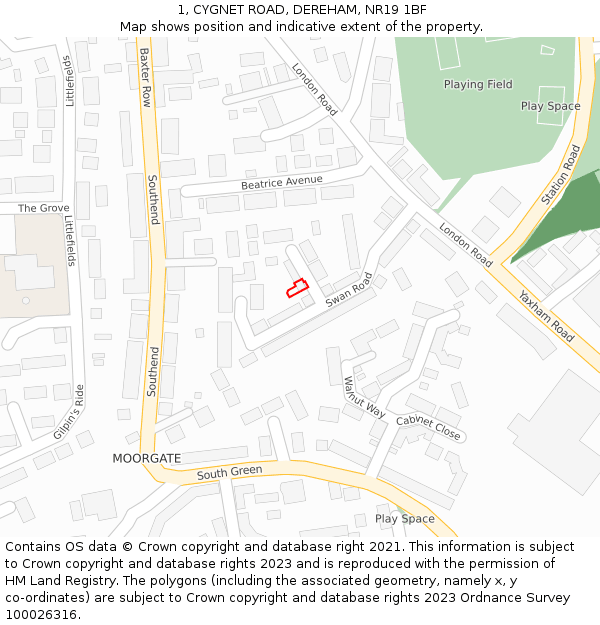 1, CYGNET ROAD, DEREHAM, NR19 1BF: Location map and indicative extent of plot