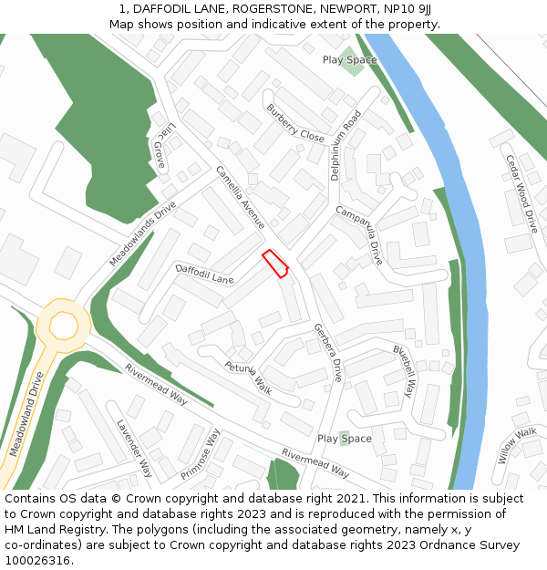 1, DAFFODIL LANE, ROGERSTONE, NEWPORT, NP10 9JJ: Location map and indicative extent of plot