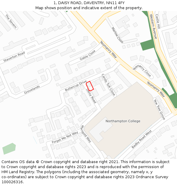 1, DAISY ROAD, DAVENTRY, NN11 4FY: Location map and indicative extent of plot