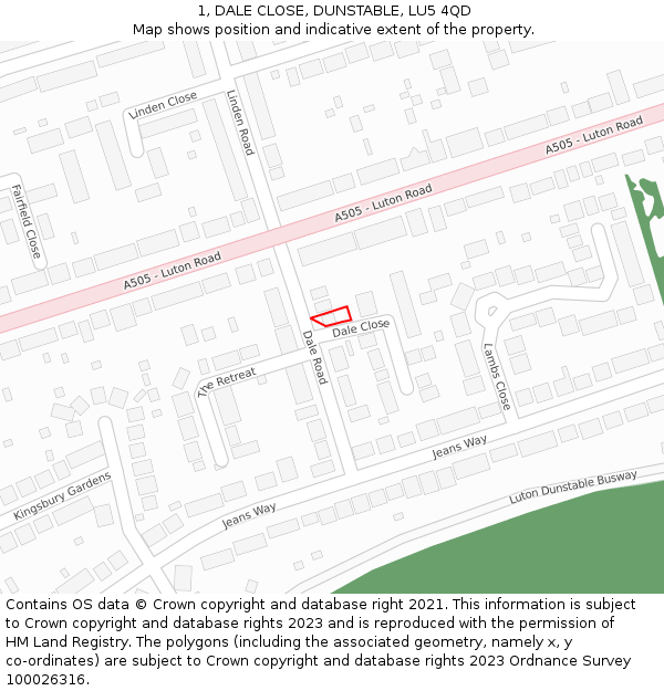 1, DALE CLOSE, DUNSTABLE, LU5 4QD: Location map and indicative extent of plot